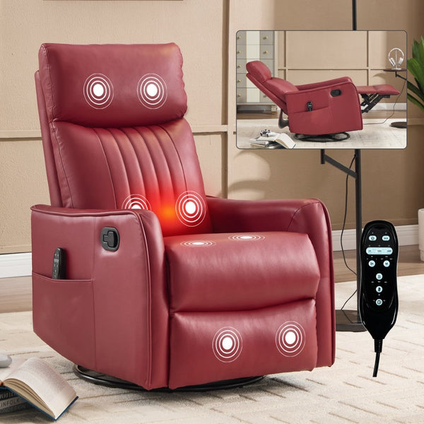 English Elm Blue Fabric Swivel Rocker Recliner with Massage Heat Nodes for Living Room Comfort Red W1803P321820