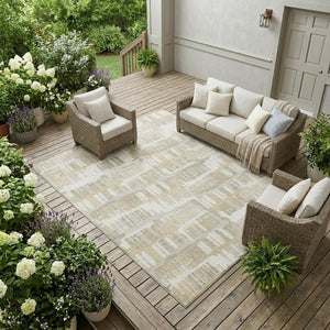 8x10 Abstract Ivory Gray Polyester Area Rug Washable Stain Resistant Indoor Outdoor