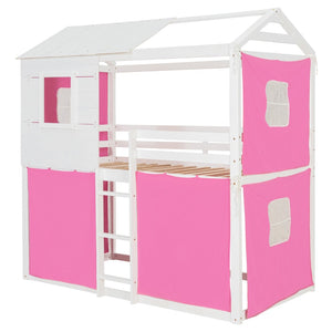 English Elm Twin Treehouse Bunk Bed Solid Pine Playhouse Frame with Cozy Canvas Tent Hideaway LT000379AAH-1