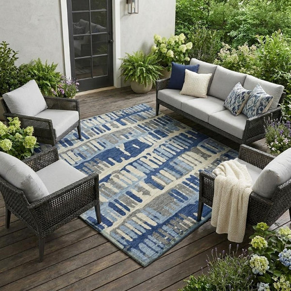 10 X 14 Abstract Navy Gray Washable Polyester Rug for Indoor Outdoor Living Spaces