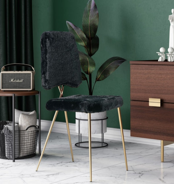 VIG Furniture Candace Plush Black Faux Fur Dining Chairs Set Of 2 With Rose Gold Legs, Sculptural Modern Glam Seating VGVCB815-BLK