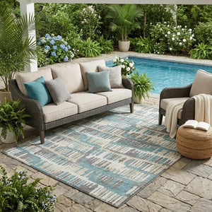 5x8 Teal Brown Abstract Polyester Area Rug Washable Stain Resistant Indoor Outdoor