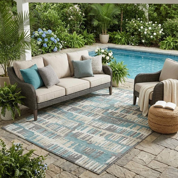 5x8 Teal Brown Abstract Polyester Area Rug Washable Stain Resistant Indoor Outdoor