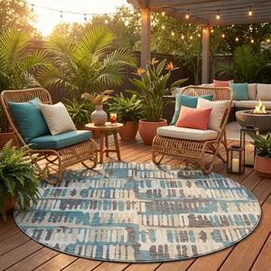 8 Ft Round Abstract Polyester Area Rug Washable Teal Brown Patio or Family Room
