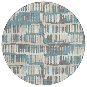 8 Ft Round Abstract Polyester Area Rug Washable Teal Brown Patio or Family Room