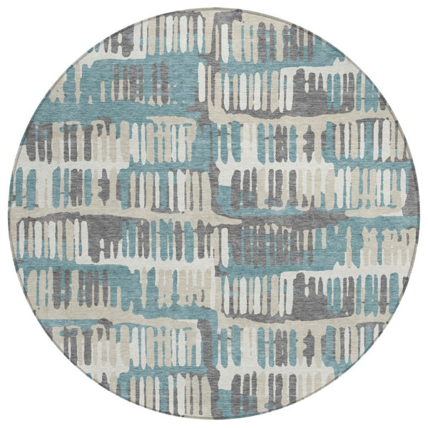 8 Ft Round Abstract Polyester Area Rug Washable Teal Brown Patio or Family Room