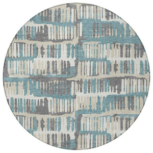 8 Ft Round Abstract Polyester Area Rug Washable Teal Brown Patio or Family Room
