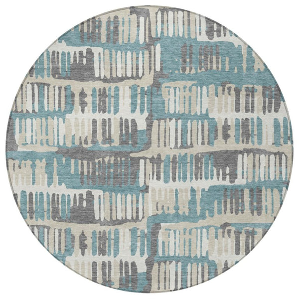 8 Ft Round Abstract Polyester Area Rug Washable Teal Brown Patio or Family Room