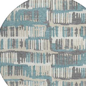 8 Ft Round Abstract Polyester Area Rug Washable Teal Brown Patio or Family Room