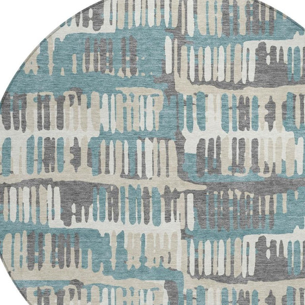 8 Ft Round Abstract Polyester Area Rug Washable Teal Brown Patio or Family Room