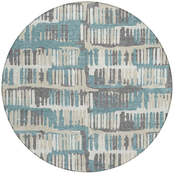 8 Ft Round Abstract Polyester Area Rug Washable Teal Brown Patio or Family Room