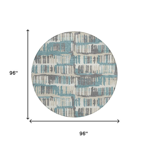 8 Ft Round Abstract Polyester Area Rug Washable Teal Brown Patio or Family Room