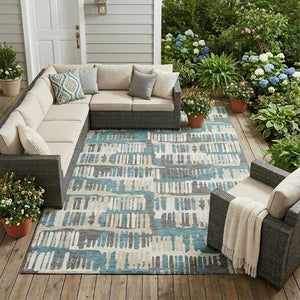 8 X 10 Teal Brown Abstract Polyester Area Rug Washable for Patio or Living Room