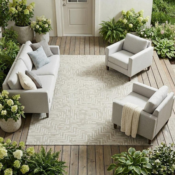 9x12 Geometric Beige Blue Polyester Area Rug Washable for Indoor Outdoor Use
