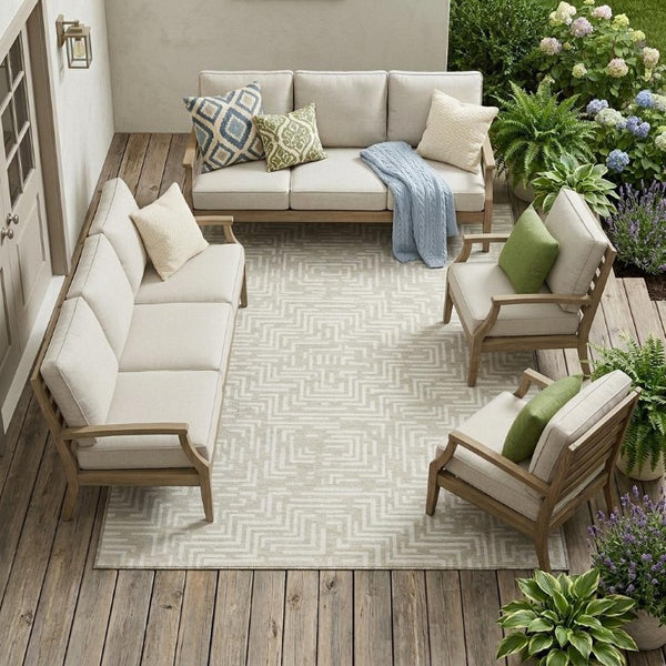 10 Ft Geometric Polyester Area Rug Washable Stain Resistant Indoor Outdoor Beige Blue