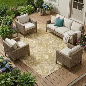 8x10 Gold Brown Geometric Polyester Area Rug Washable Stain Resistant Indoor Outdoor