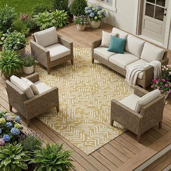 8x10 Gold Brown Geometric Polyester Area Rug Washable Stain Resistant Indoor Outdoor