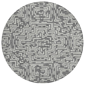 HomeRoots 8 Ft Round Geometric Polyester Rug Washable Stain Resistant Indoor Outdoor Gray 735654