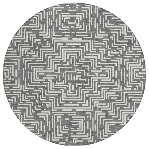 HomeRoots 8 Ft Round Geometric Polyester Rug Washable Stain Resistant Indoor Outdoor Gray 735654