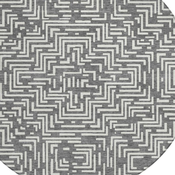 8 Ft Round Geometric Polyester Rug Washable Stain Resistant Indoor Outdoor Gray
