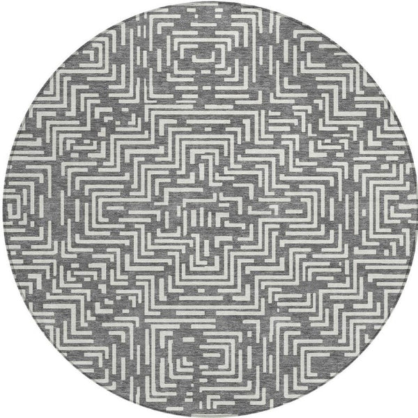 8 Ft Round Geometric Polyester Rug Washable Stain Resistant Indoor Outdoor Gray