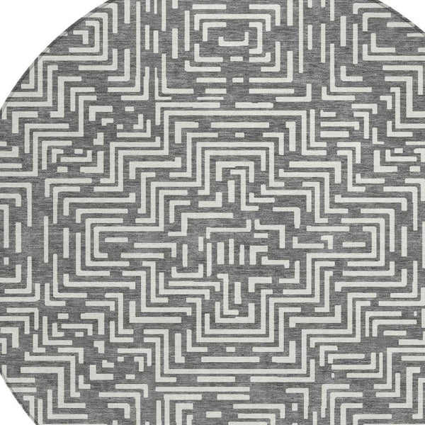 8 Ft Round Geometric Polyester Rug Washable Stain Resistant Indoor Outdoor Gray