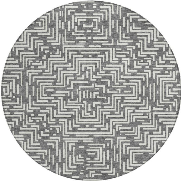 8 Ft Round Geometric Polyester Rug Washable Stain Resistant Indoor Outdoor Gray