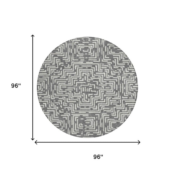 8 Ft Round Geometric Polyester Rug Washable Stain Resistant Indoor Outdoor Gray