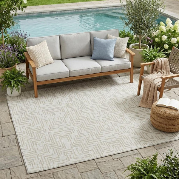 5 X 8 Ivory Sky Blue Geometric Polyester Area Rug Washable Stain Resistant Indoor Outdoor