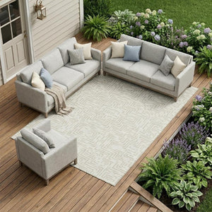 8 X 10 Ivory Blue Geometric Polyester Area Rug Washable Stain Resistant Indoor Outdoor
