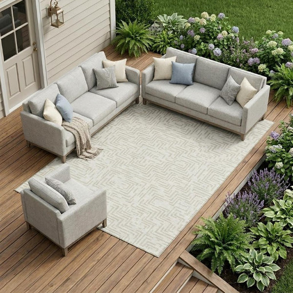 8 X 10 Ivory Blue Geometric Polyester Area Rug Washable Stain Resistant Indoor Outdoor