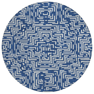 HomeRoots 8 Foot Round Geometric Polyester Area Rug Navy Beige Washable Indoor Outdoor 735666