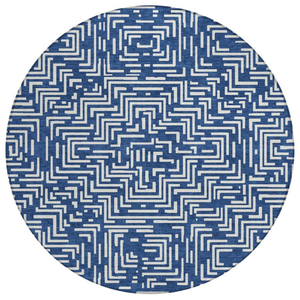 HomeRoots 8 Foot Round Geometric Polyester Area Rug Navy Beige Washable Indoor Outdoor 735666