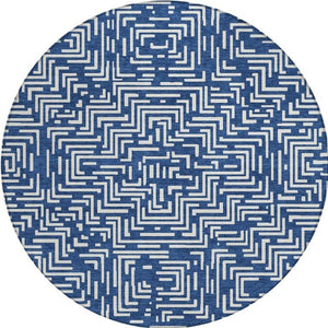 8 Foot Round Geometric Polyester Area Rug Navy Beige Washable Indoor Outdoor