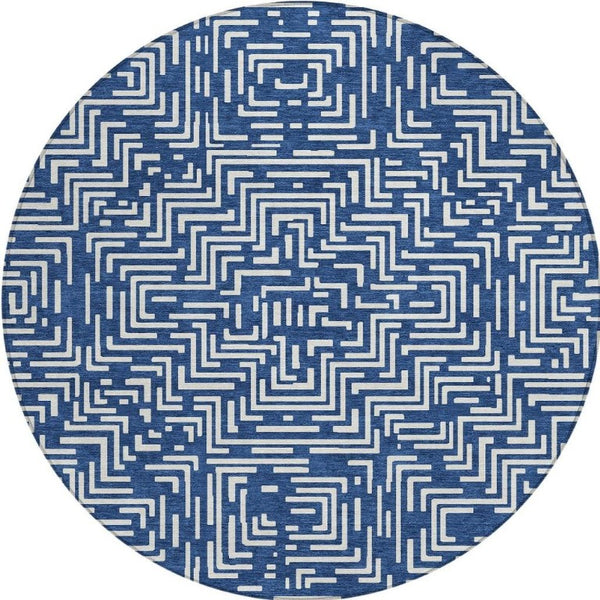 8 Foot Round Geometric Polyester Area Rug Navy Beige Washable Indoor Outdoor
