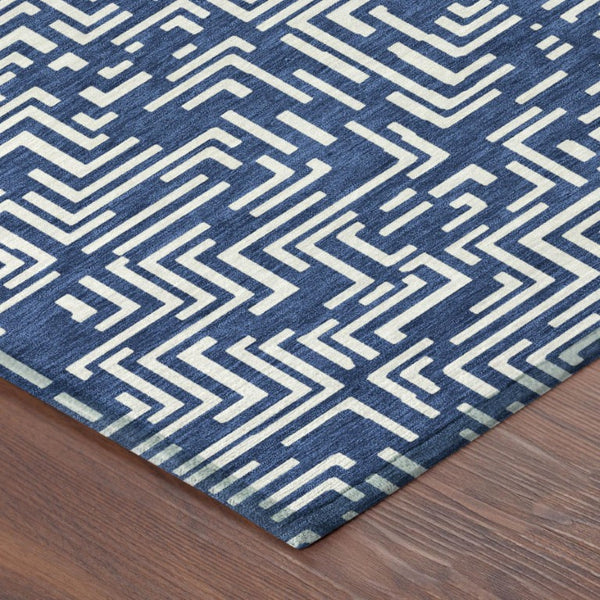 8 Foot Round Geometric Polyester Area Rug Navy Beige Washable Indoor Outdoor