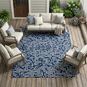 10 X 14 Geometric Polyester Area Rug Washable Indoor Outdoor Navy Beige Patio
