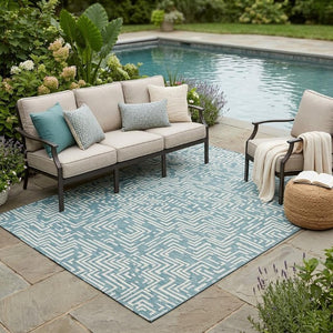 5x8 Teal Ivory Geometric Polyester Area Rug Washable for Patio Porch or Living Room