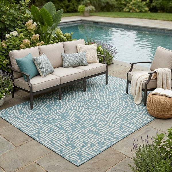 5x8 Teal Ivory Geometric Polyester Area Rug Washable for Patio Porch or Living Room