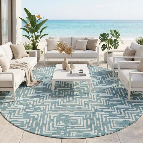8 Foot Round Geometric Polyester Area Rug Washable Teal Indoor Outdoor Use