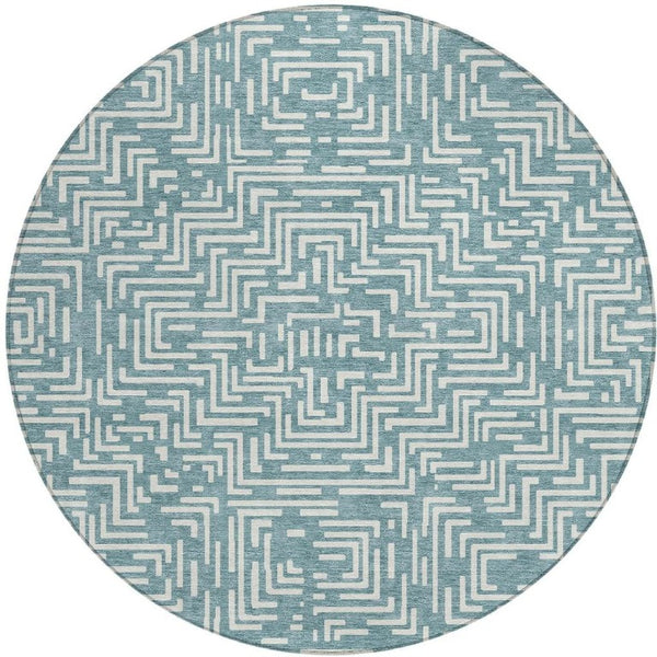 HomeRoots 8 Foot Round Geometric Polyester Area Rug Washable Teal Indoor Outdoor Use 735672