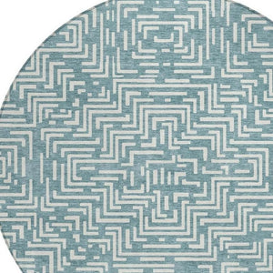 8 Foot Round Geometric Polyester Area Rug Washable Teal Indoor Outdoor Use