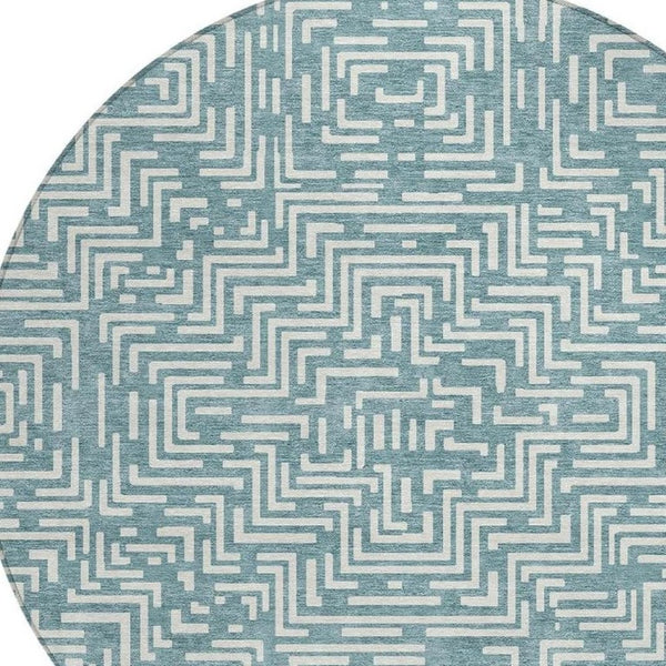 8 Foot Round Geometric Polyester Area Rug Washable Teal Indoor Outdoor Use