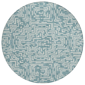 8 Foot Round Geometric Polyester Area Rug Washable Teal Indoor Outdoor Use
