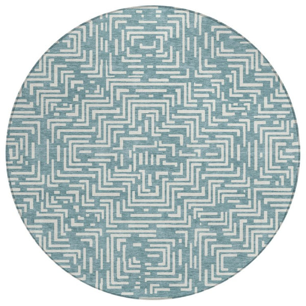 8 Foot Round Geometric Polyester Area Rug Washable Teal Indoor Outdoor Use
