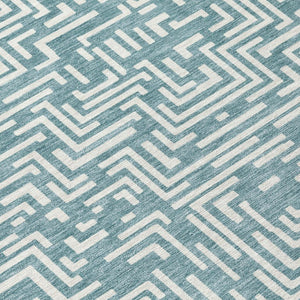 8 Foot Round Geometric Polyester Area Rug Washable Teal Indoor Outdoor Use