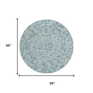 8 Foot Round Geometric Polyester Area Rug Washable Teal Indoor Outdoor Use