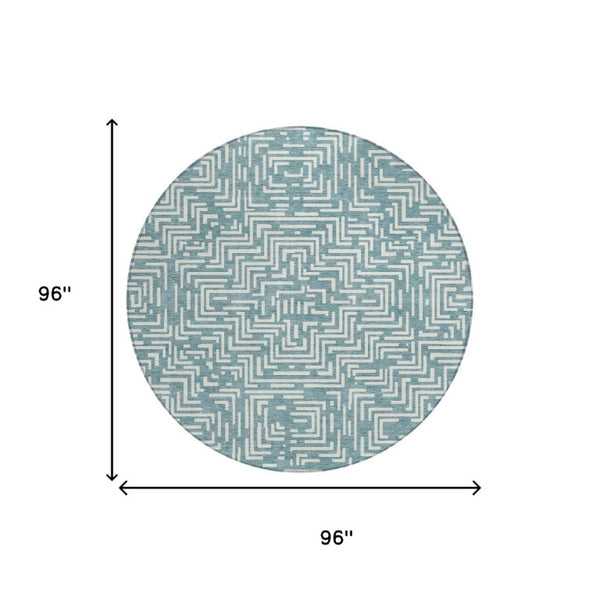 8 Foot Round Geometric Polyester Area Rug Washable Teal Indoor Outdoor Use