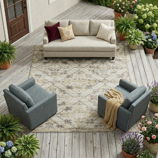 9x12 Geometric Beige Blue Polyester Area Rug Washable Stain Resistant Indoor Outdoor Use