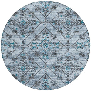 8 Ft Round Geometric Polyester Area Rug in Blue and Ivory for Indoor Outdoor Use